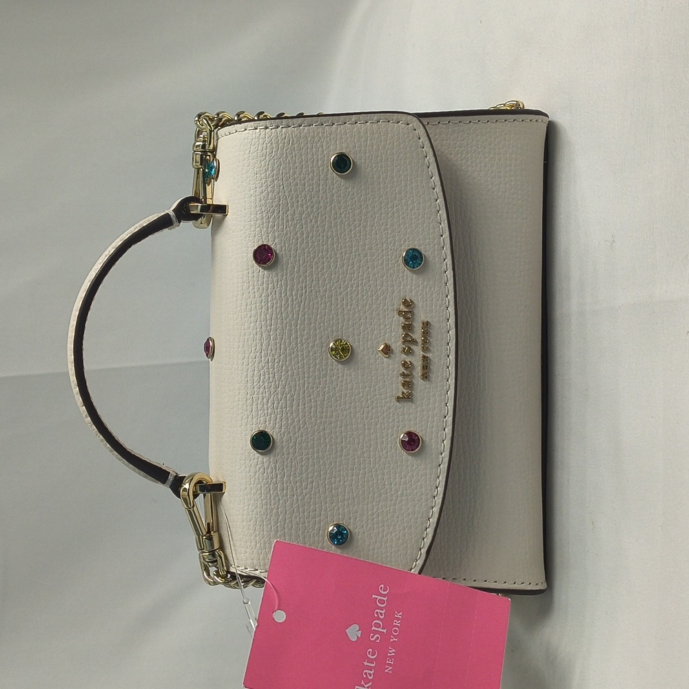 kate spade cream crossbody top-handle bag with multicolor studs